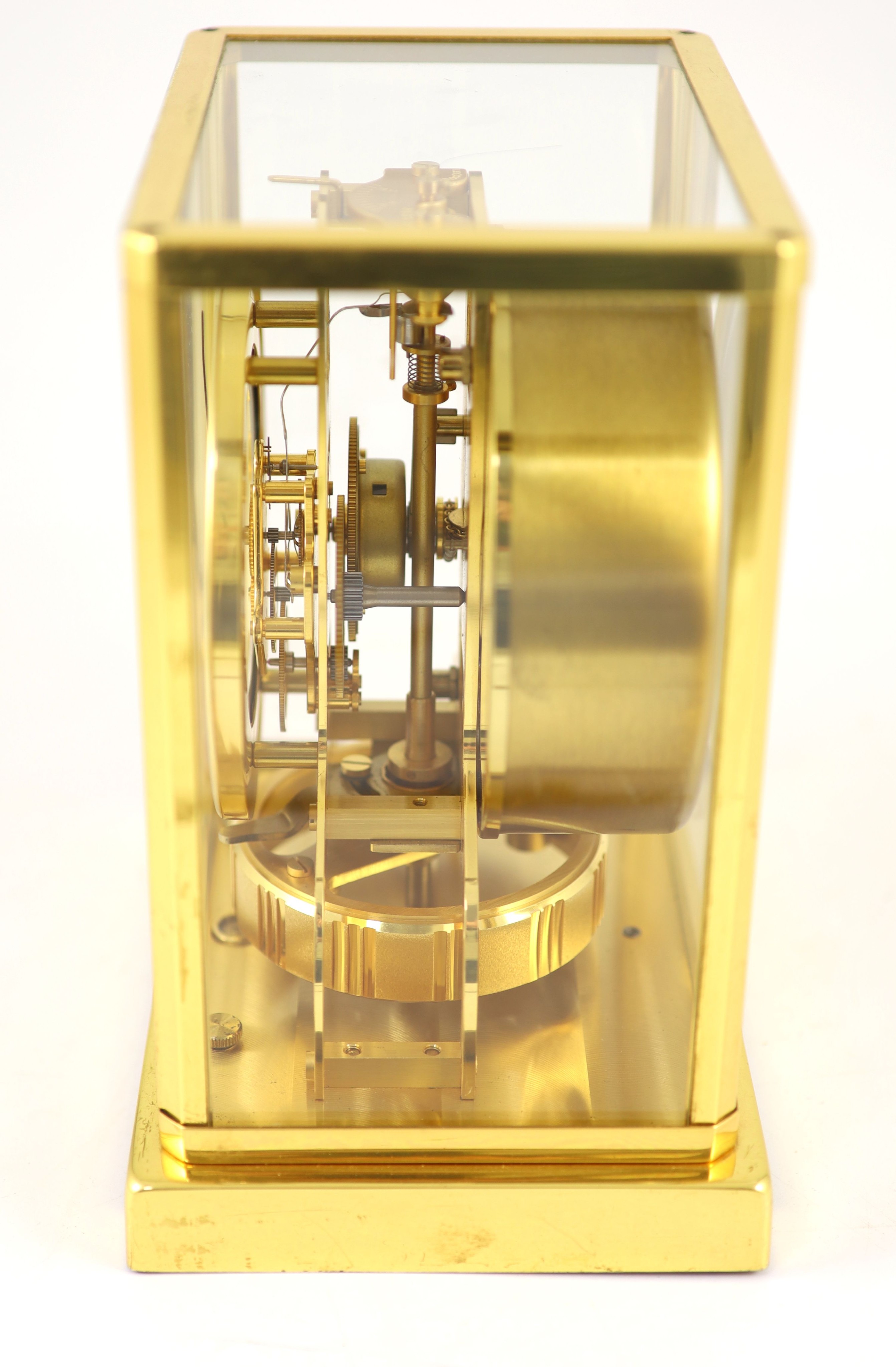 A Jaeger le Coultre gilt metal Atmos clock, width 18cm depth 13.5cm height 22cm